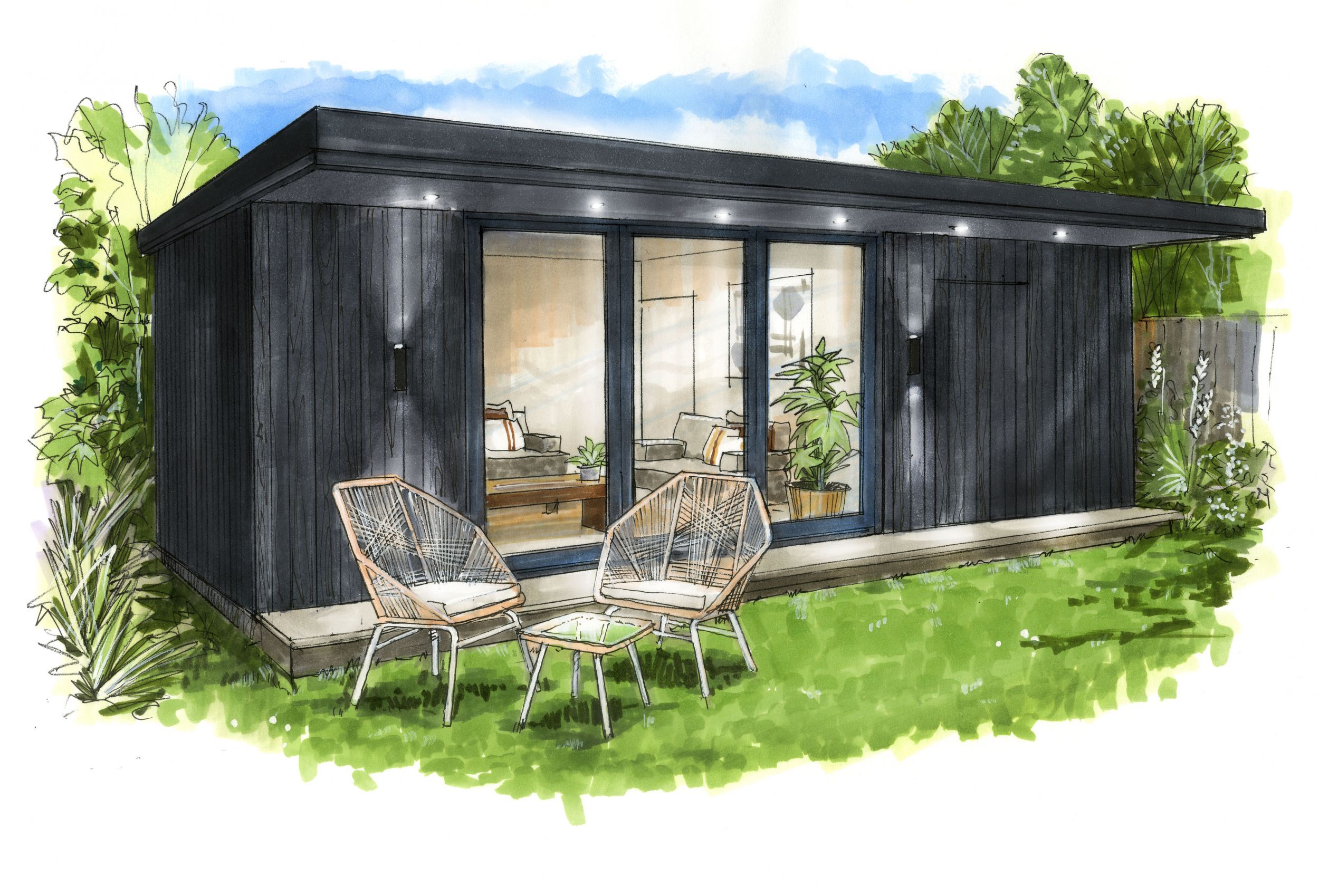 Drawing of a garden room with chairs and bistro table