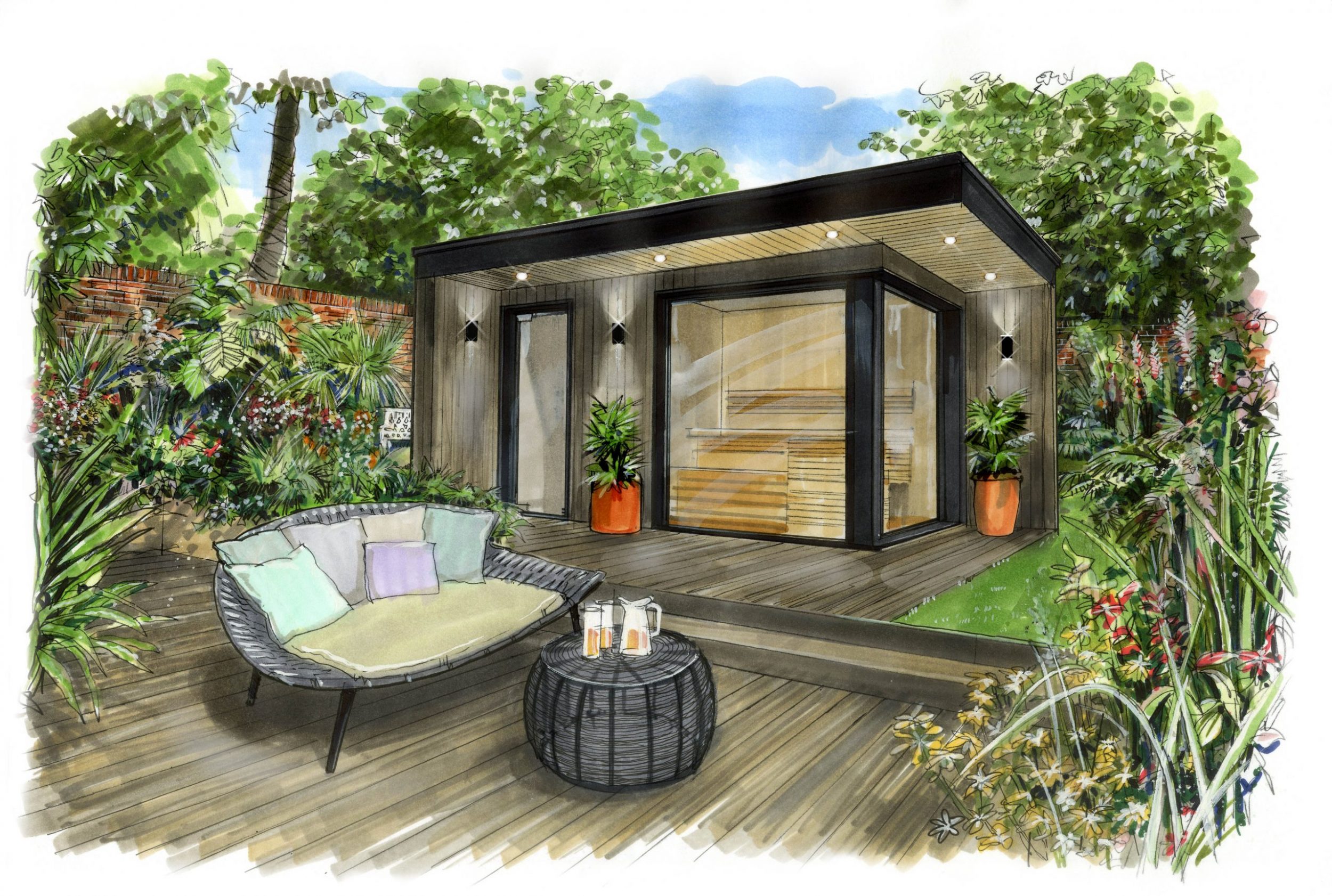 Drawing of a garden room with sofa outside