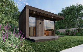 Side view of a brown garden room with a sauna