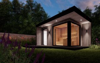 Brown garden room with a sauna in the dark