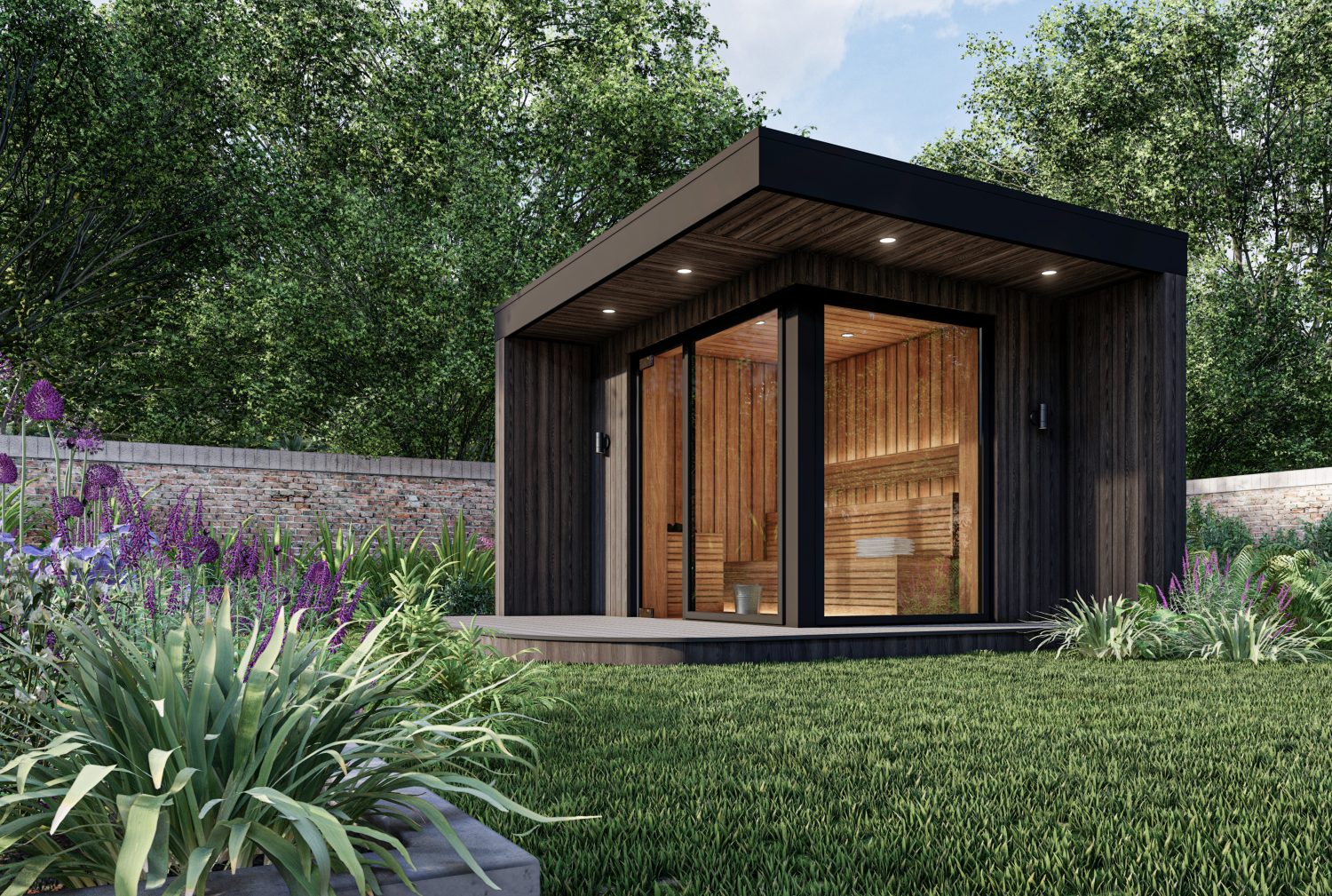 Garden building containing a spa in the corner of a garden with flowers