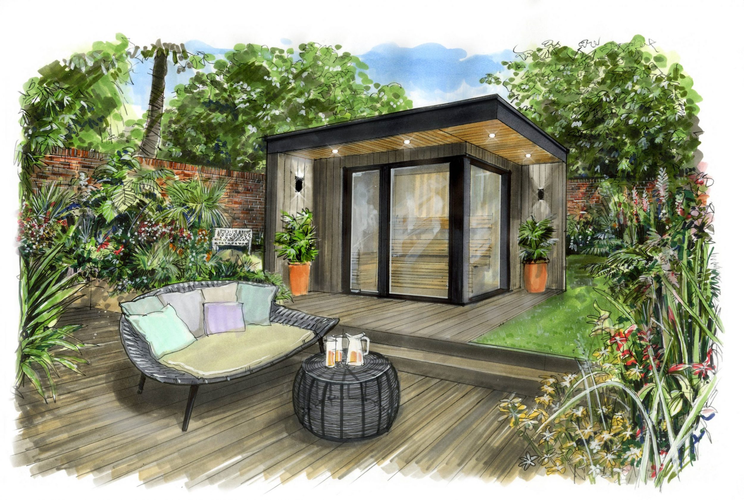 Drawing of an outdoor garden room with a sofa outside