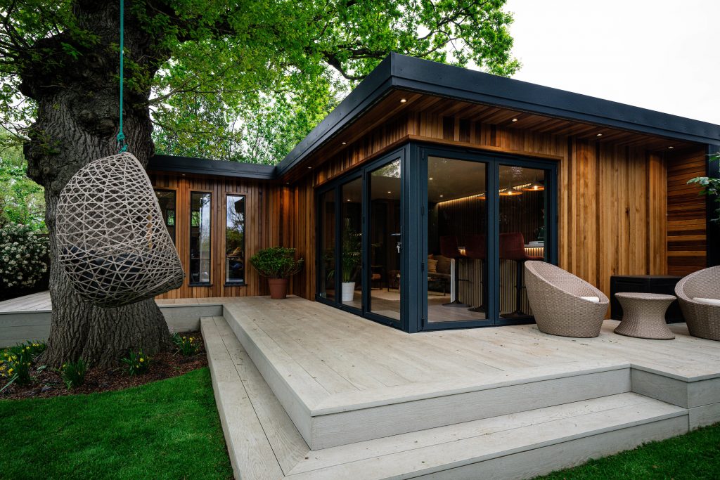Granny annex garden room interior with kitchenette and lounge area