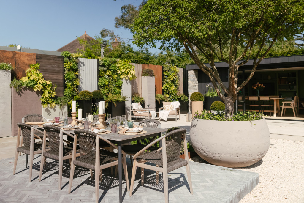 Outdoor terrace seating at the Glasshouse Collective showroom