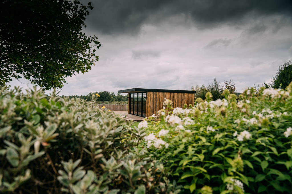Architectural garden pavilion among planting