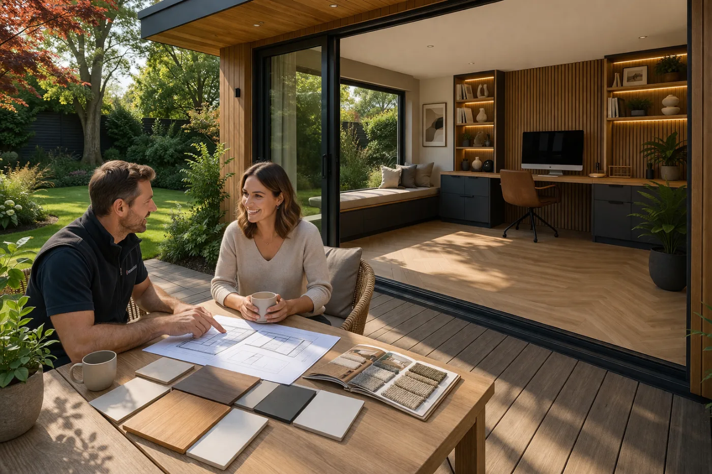 Designer and client reviewing bespoke joinery plans and timber samples in a garden room