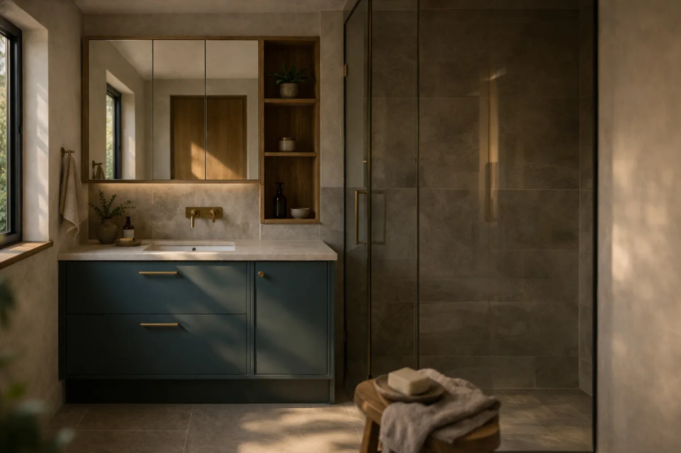 Bespoke bathroom vanity with integrated basin, drawers and mirrored storage in a garden room annexe