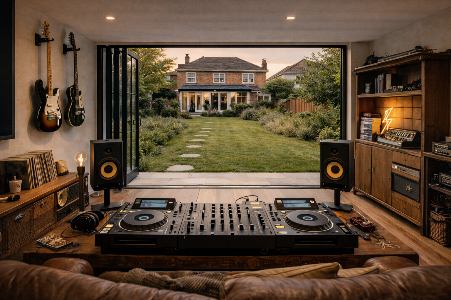Garden room creative studio set up as a music and recording space