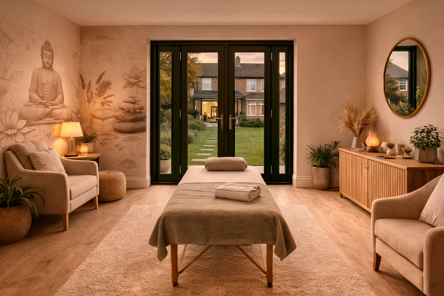 Garden therapy room with a massage table and calm styling