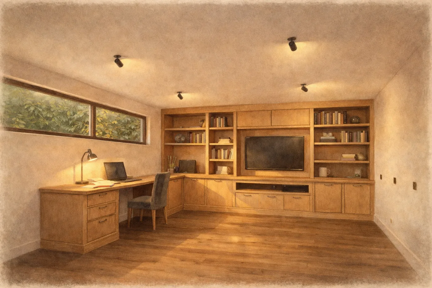 Oak built-in desk, shelving and media wall in a garden room home office