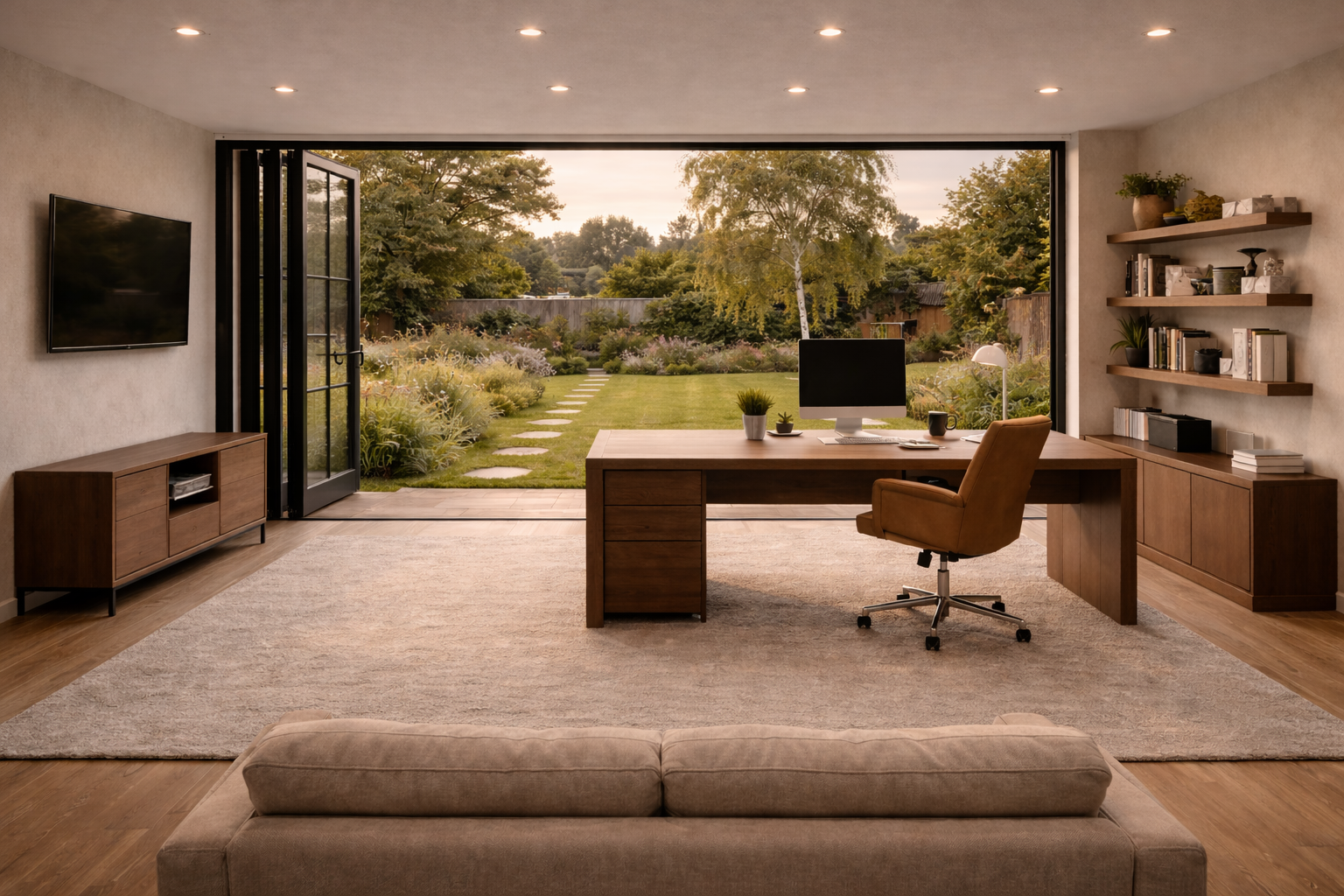 Garden office with a desk, chair and full-height glazing