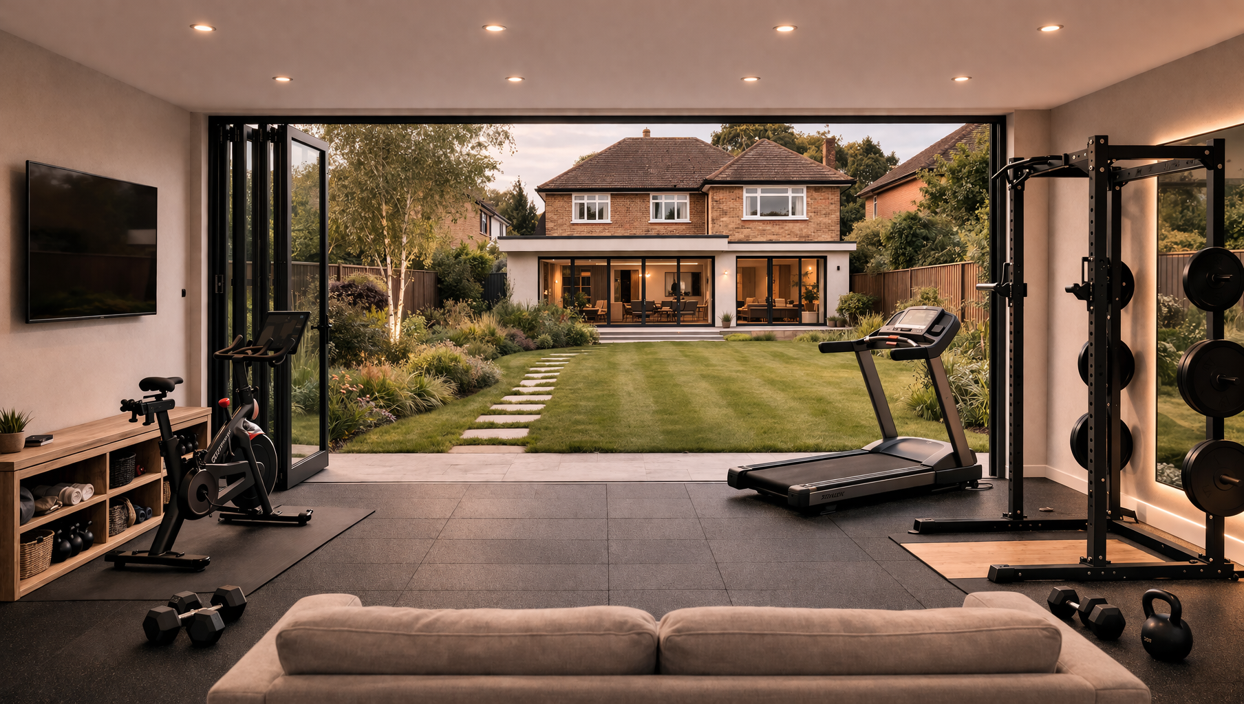 Garden gym studio with a training rig and treadmill