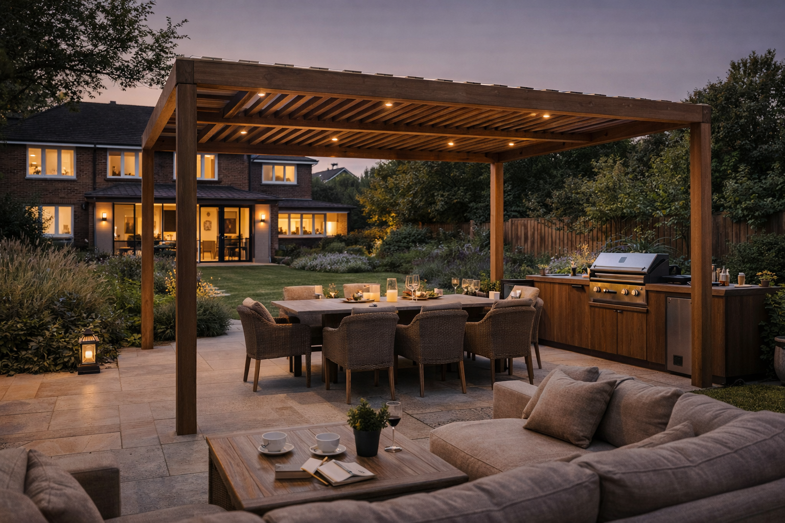 Garden entertaining pavilion with dining table lit at dusk