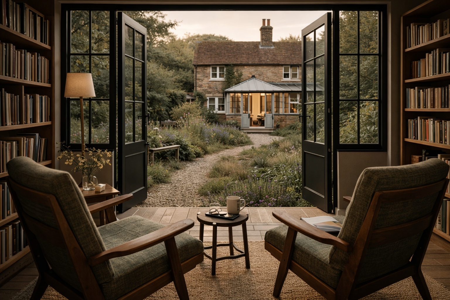 Garden reading room with armchairs and built-in bookshelves