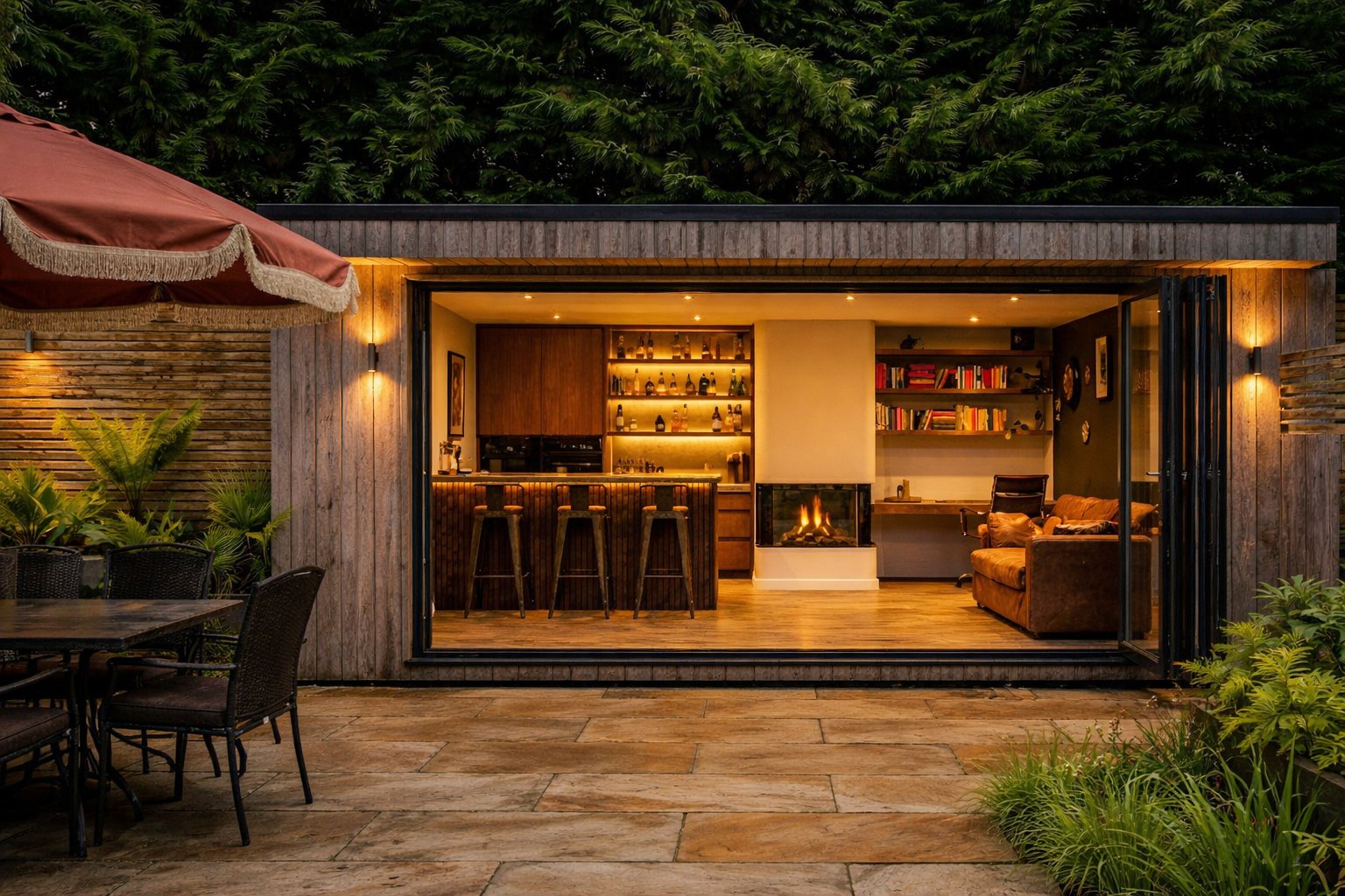 Garden room interior at dusk