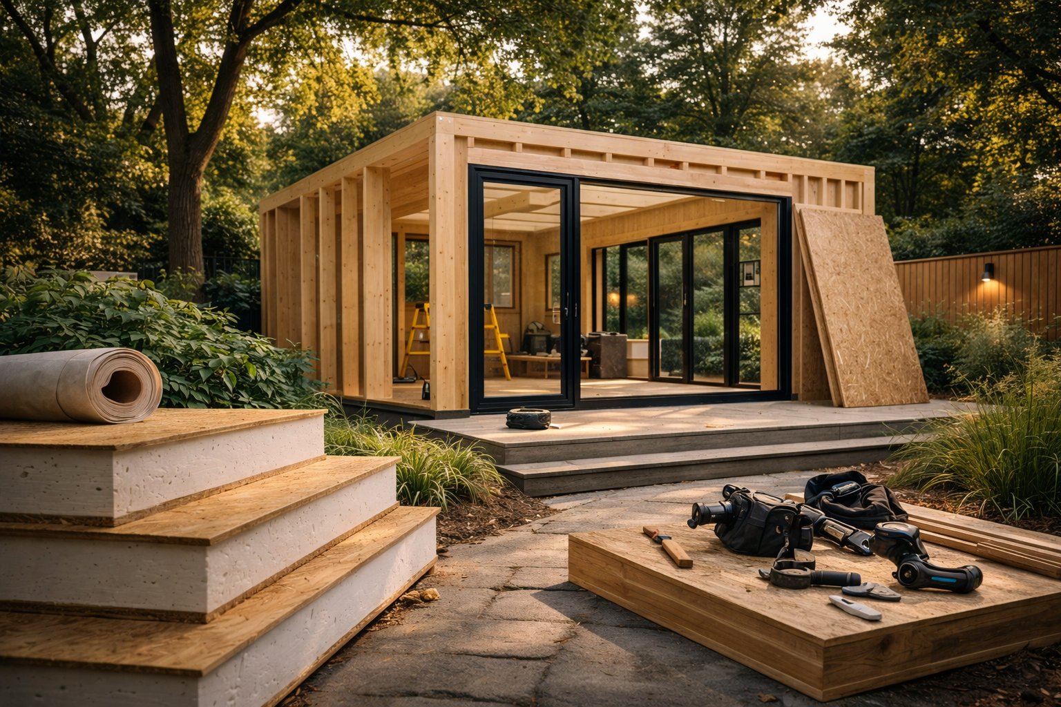 Timber frame garden room under construction