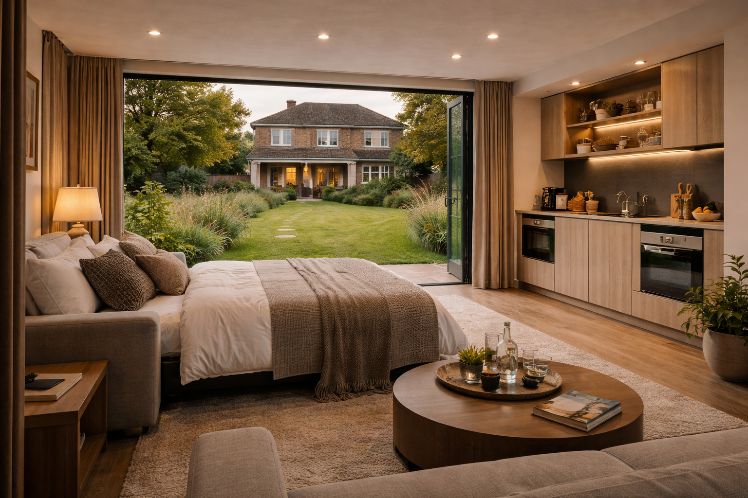 Garden guest annexe with a bed and compact kitchenette