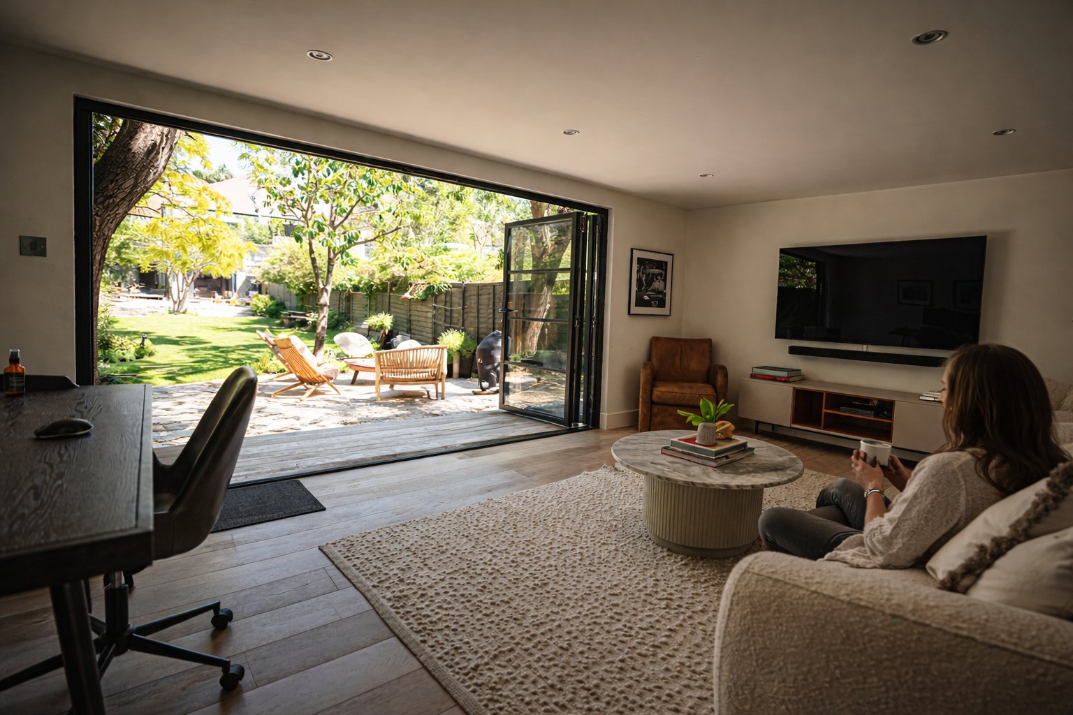 Garden room interior opening onto the garden