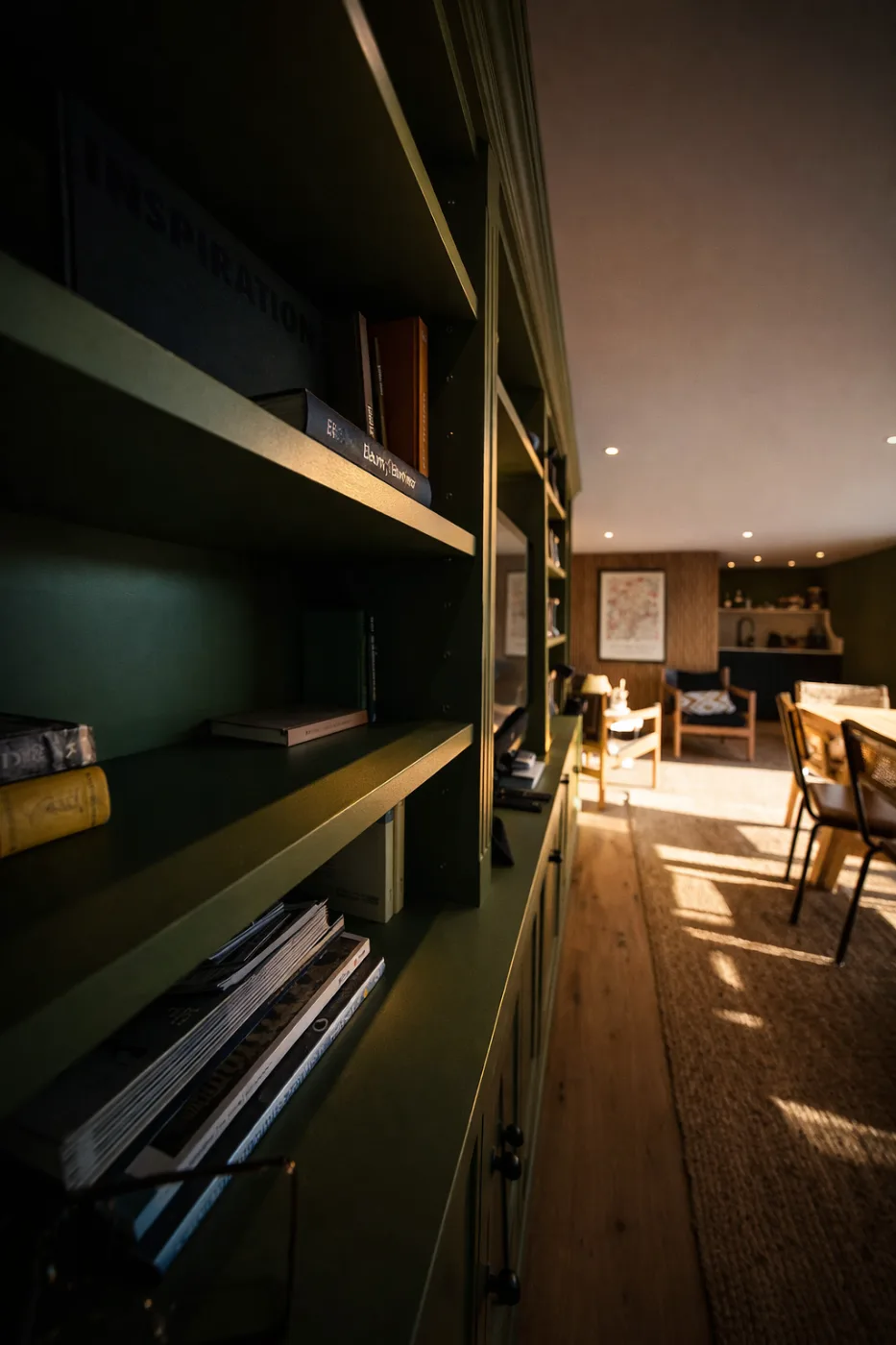Built-in display shelving in a garden room interior