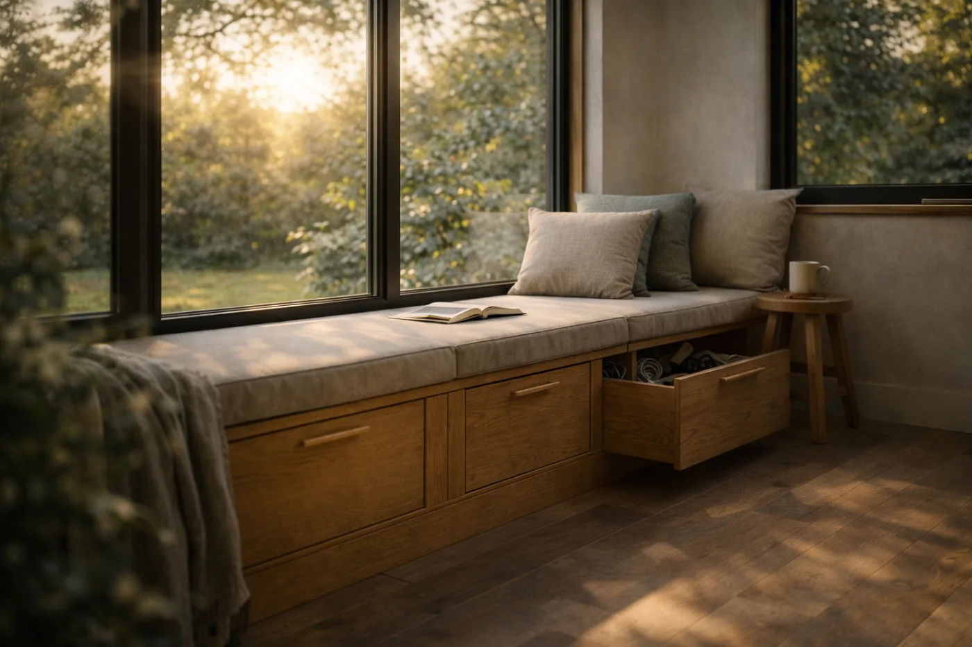 Window seat with cushions and hidden storage drawers built in beneath the window
