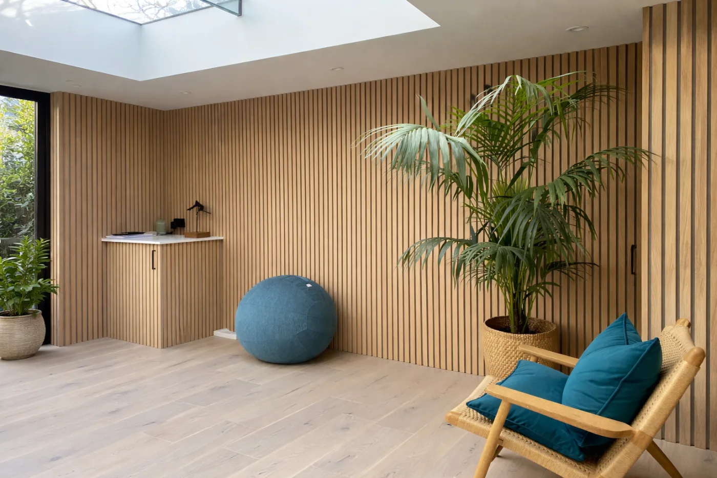 Timber slat acoustic panelling lining the walls of a garden room studio