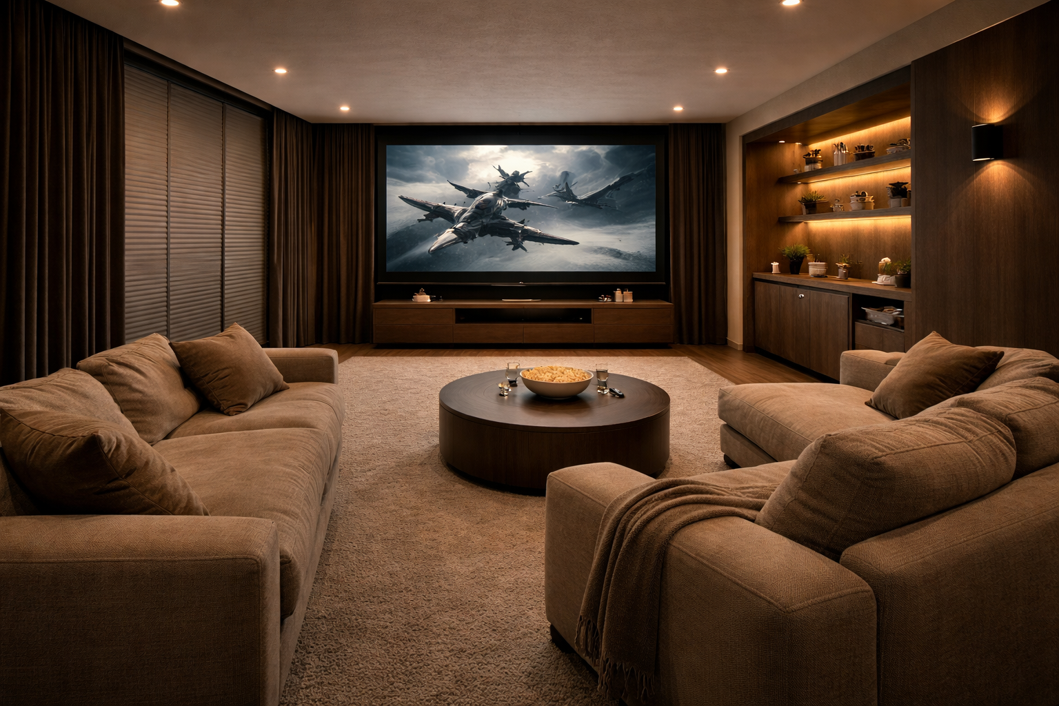 Garden room cinema room with tiered seating and large screen