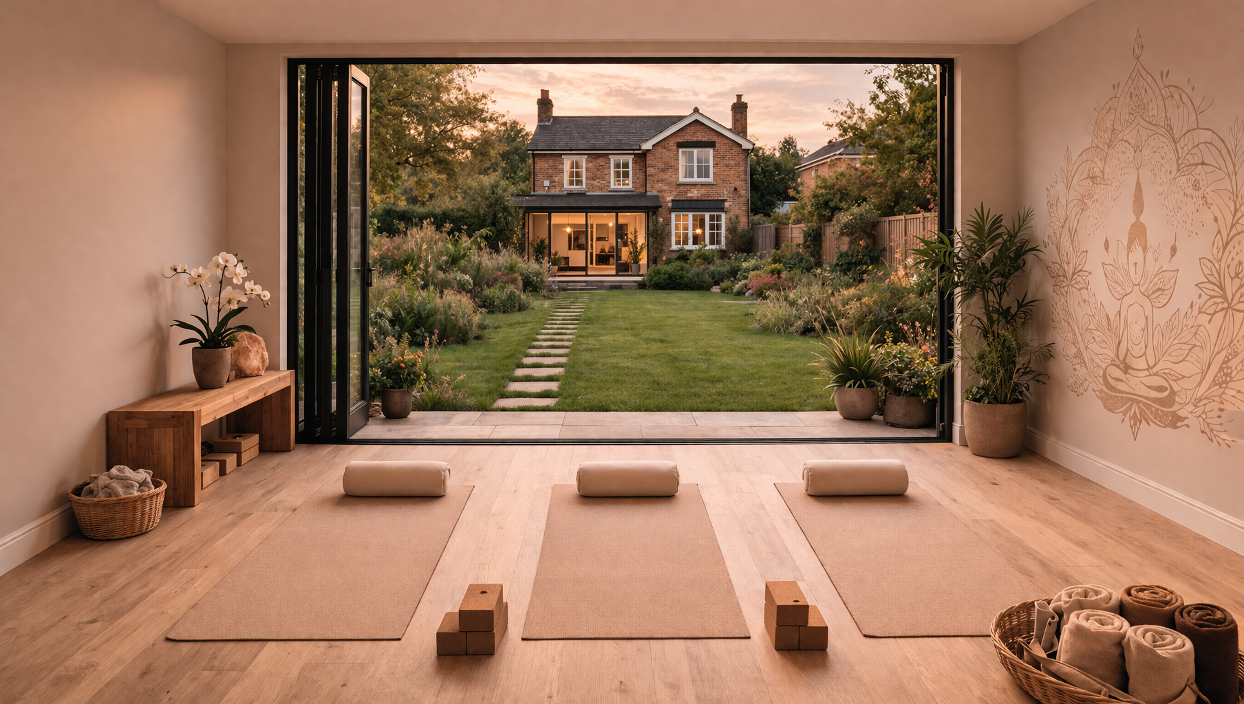 Garden yoga studio with mats and cushions facing the garden