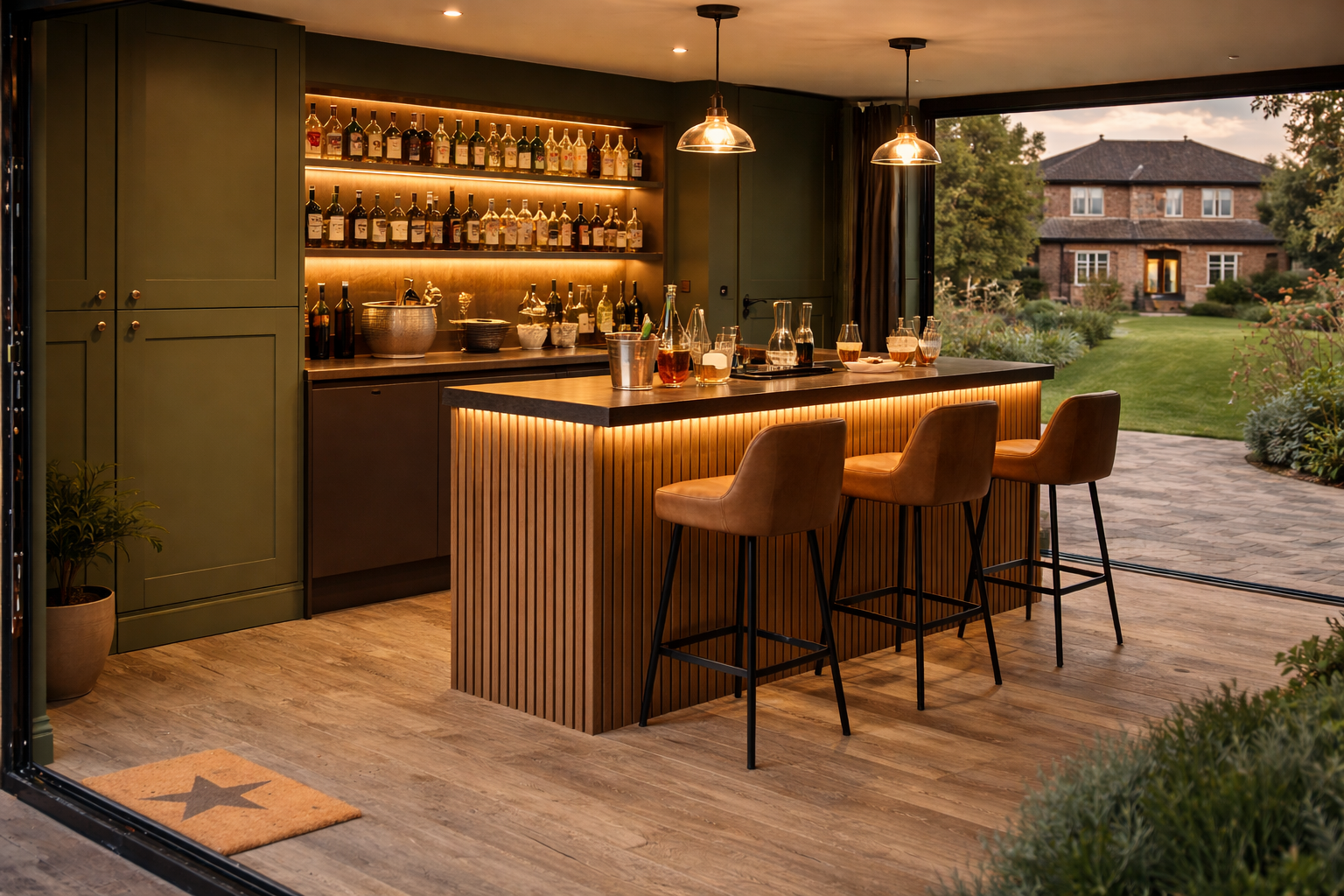 Garden room home bar with timber counter and bar stools