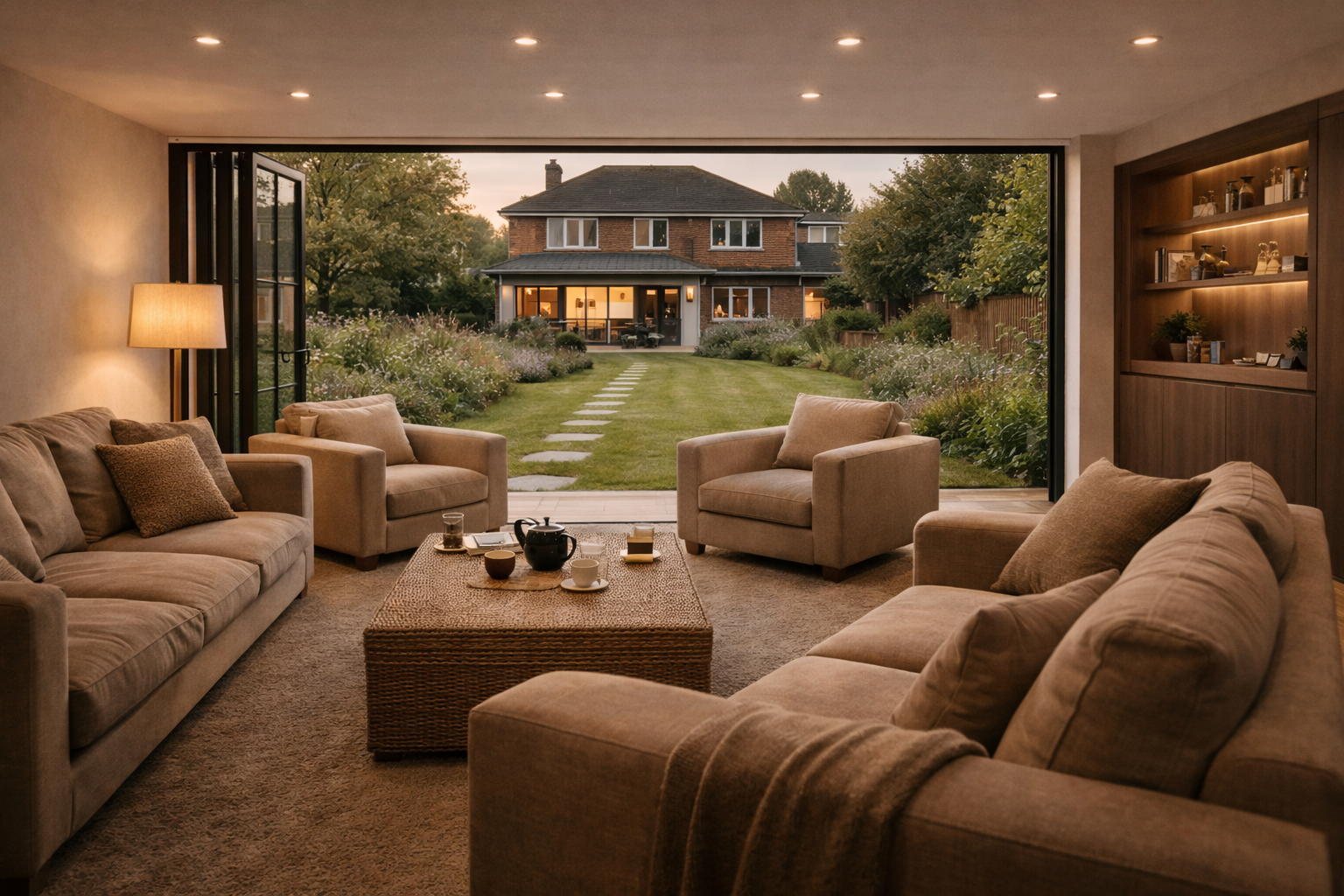 Garden lounge with soft sofas opening onto the garden
