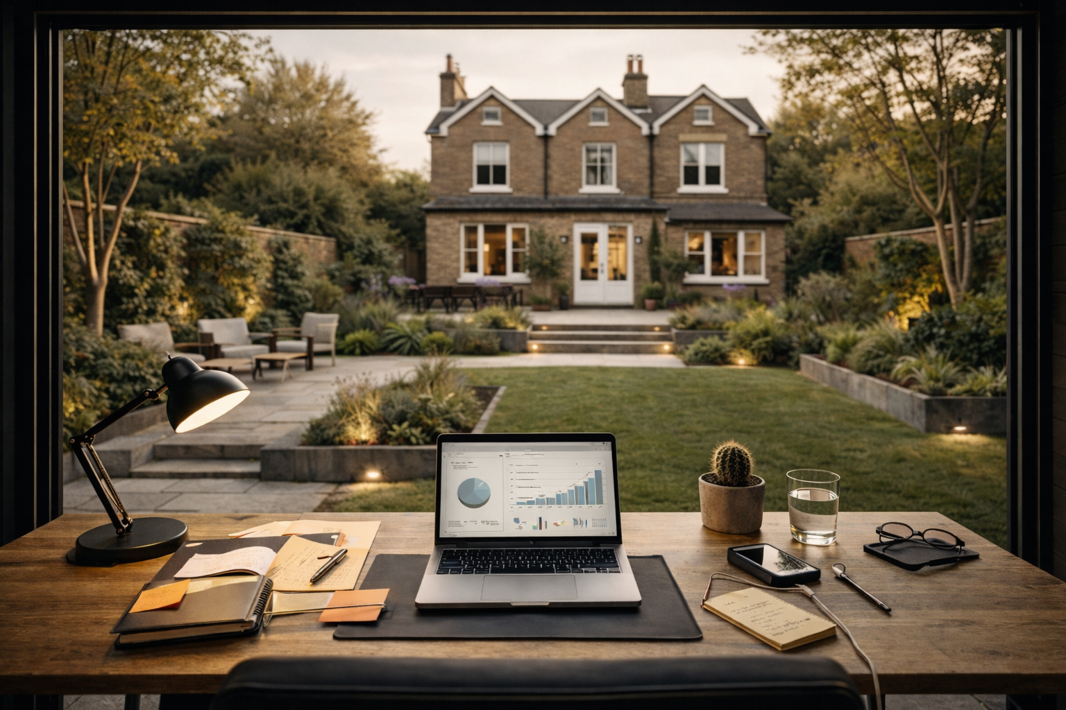 Laptop and notebook on a desk inside a garden office